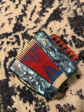 Vintage Marble Blue Toy Accordion with Red & Blue Bellows